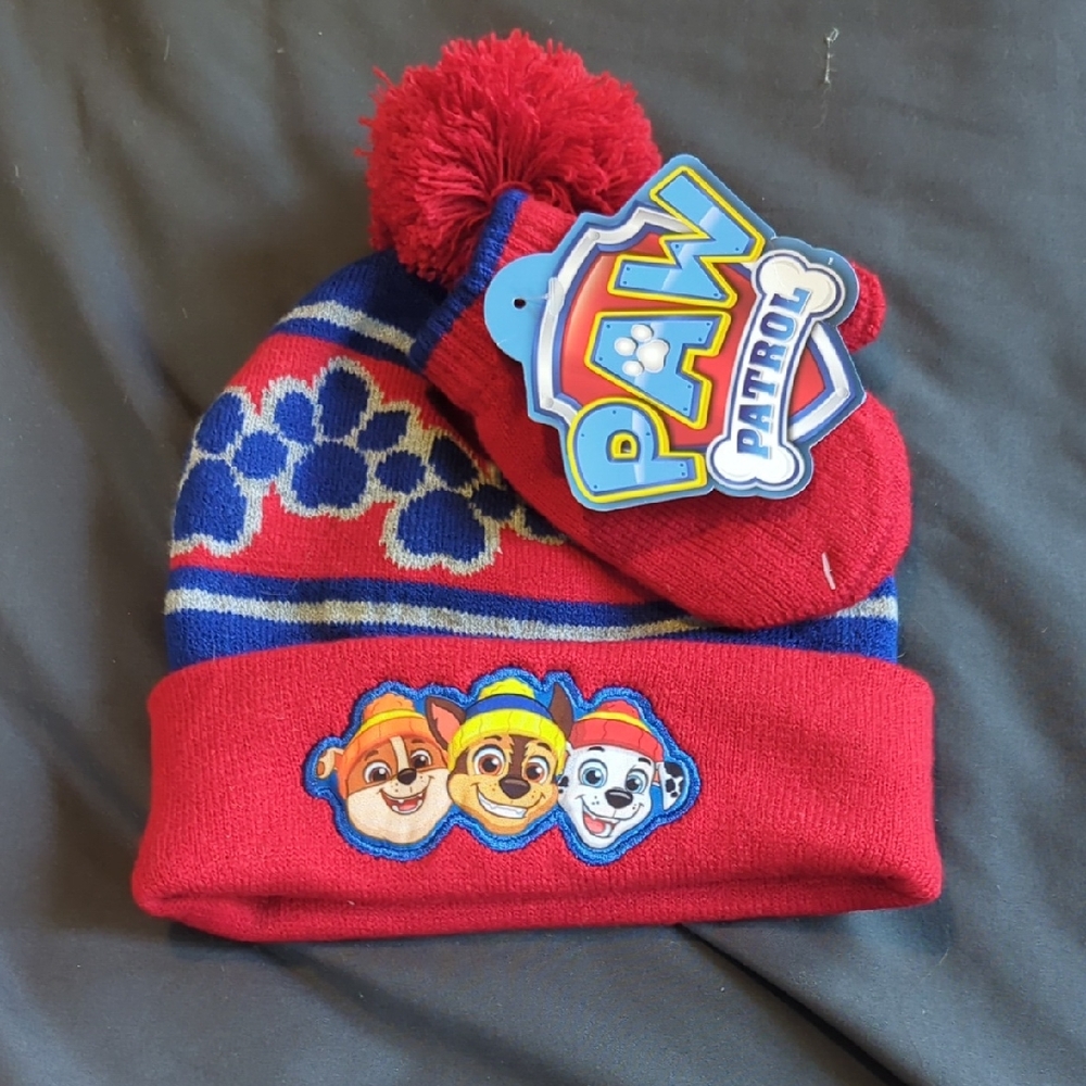 Paw Patrol Red and Blue Beanie with Mittens